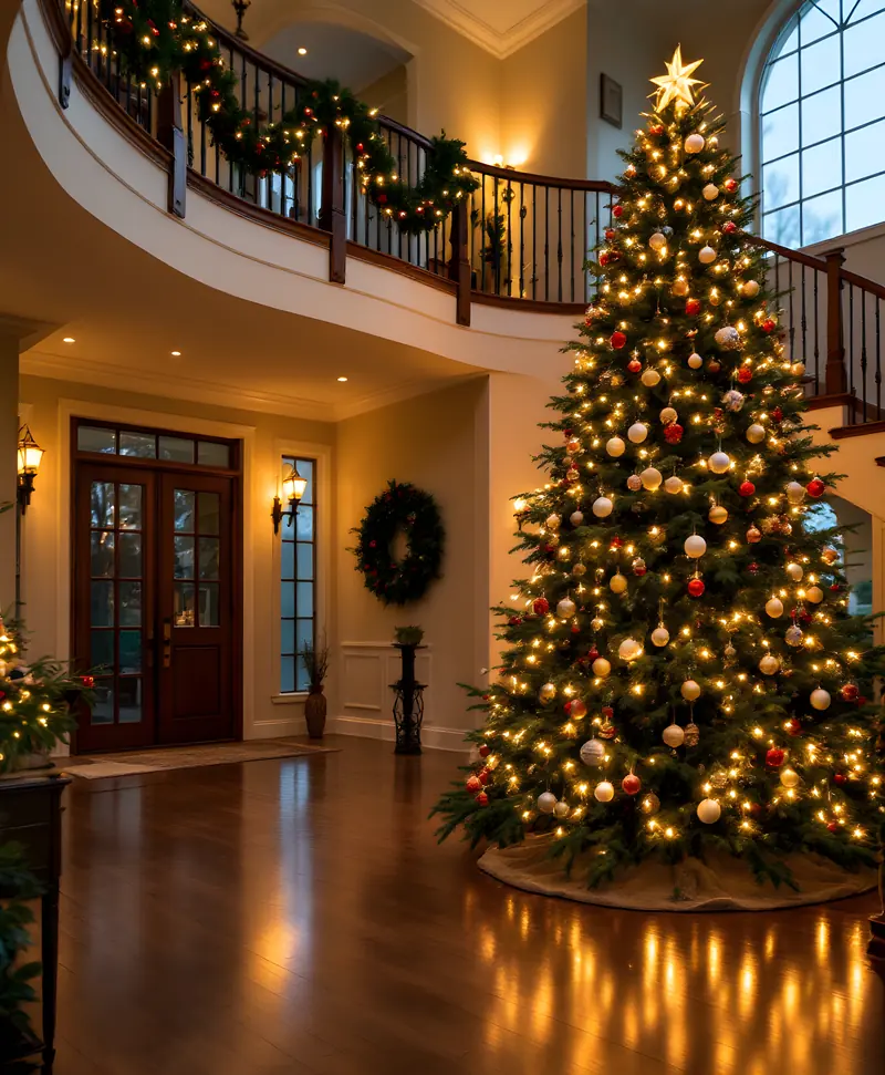 A tall decorated tree in a two story foyer with a curved staircase