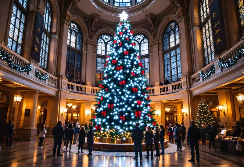 A very tall decorated tree in a grand town hall atrium