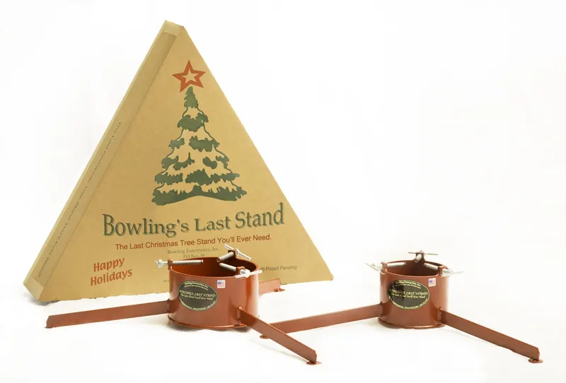 Bowling's Last Stand steel tree stands beside their triangle shaped gift box